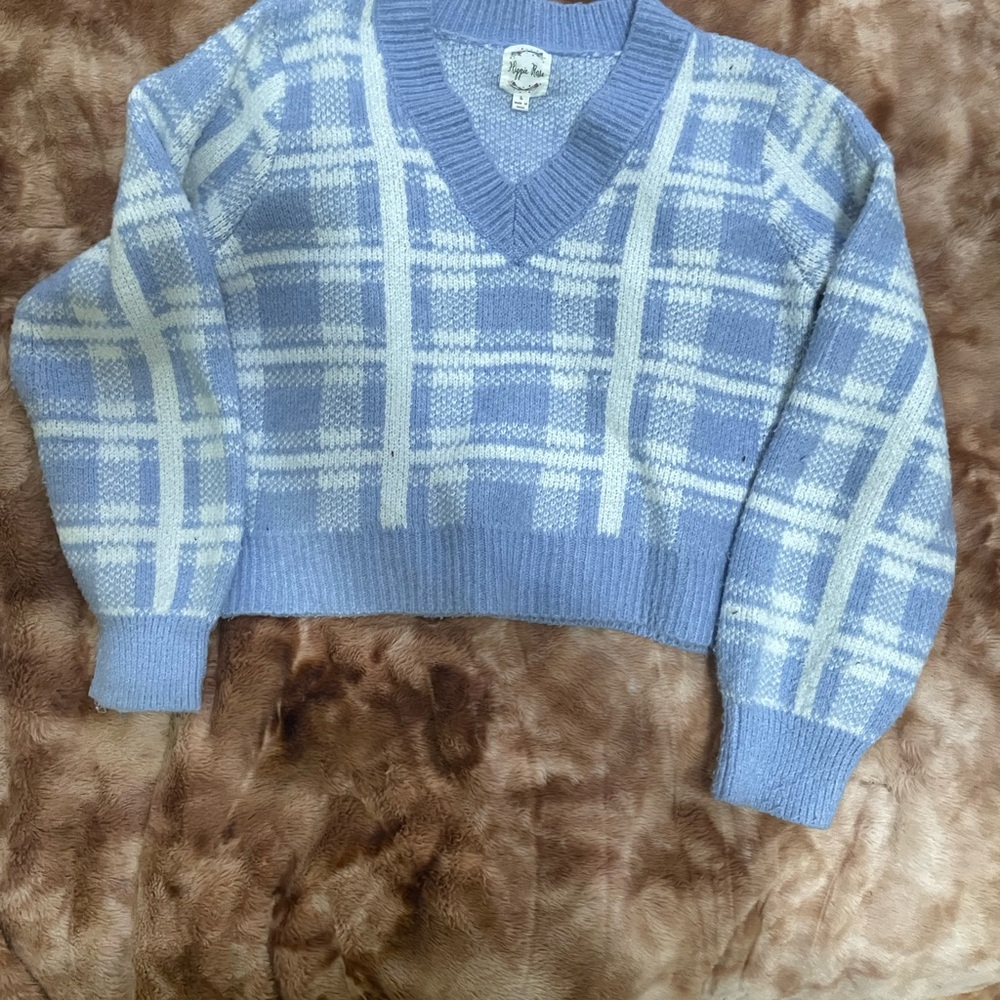 Hippie Rose Blue and White V-Neck Sweater
